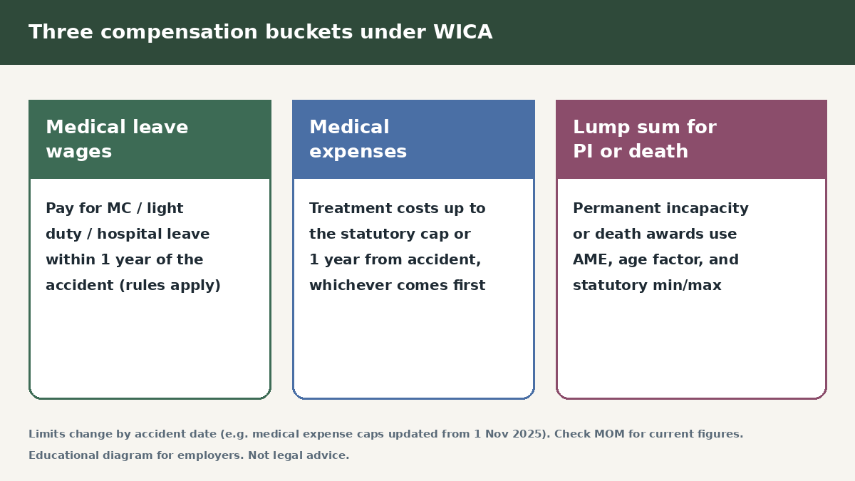 Three-panel educational chart of WICA compensation buckets medical leave wages medical expenses and lump sum for permanent incapacity or death